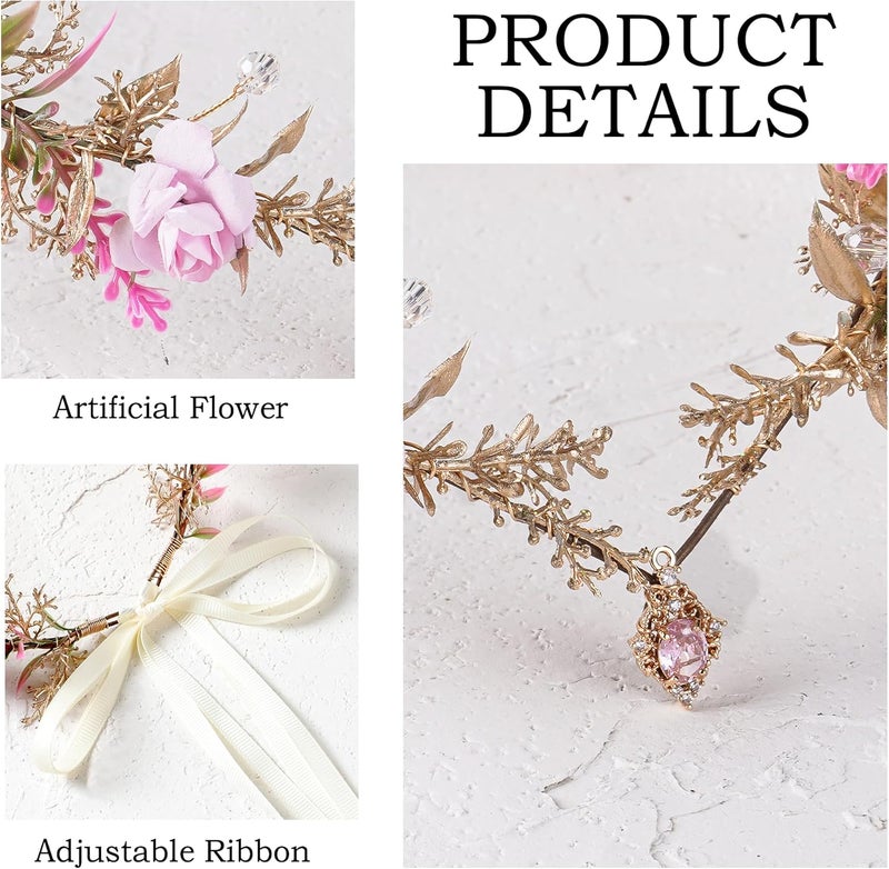MOSTORY Pink Flower Fairy Crown - Elf Floral Headpiece Woodland Circlet for Fairycore Aesthetic Women, Elven Forest Headband for Renaissance Renfaire Cosplay Photo Shoot - Image 5
